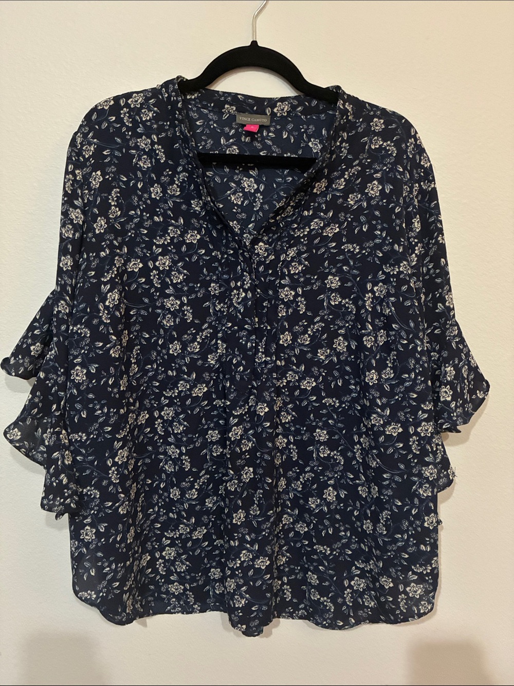Vince Camuto Navy Floral Ruffle Sleeve Blouse - Picture 2 of 8
